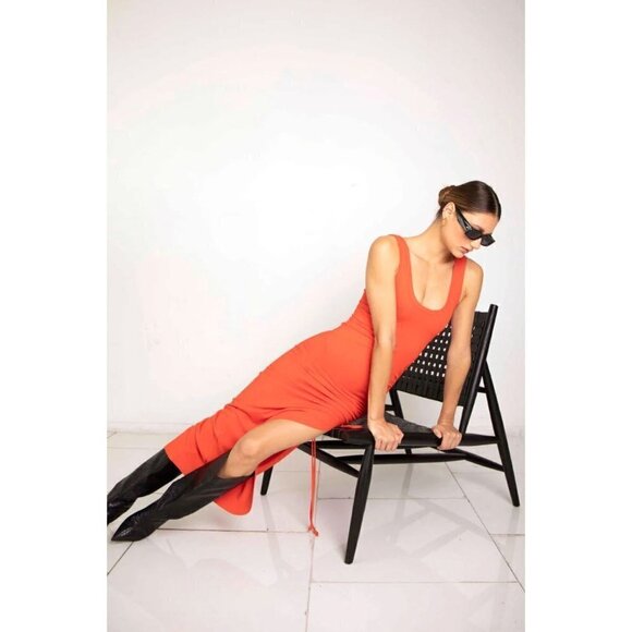 The Range Alloy Rib Cinched Bodycon Midi Dress Fuego Red Orange Womens Medium - Picture 13 of 13